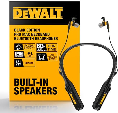 DEWALT Heavy Duty Black Edition 2 in 1 Neckband Bluetooth Headphones w/Built-in Speakers, Jobsite Wearable Speaker & Around Neck, Wireless Headset, 60+ Hrs Hands-Free Music & Calls, Carry Pouch