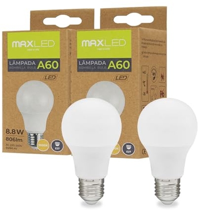 Maxled, Light is Led! 2x E27 LED Birne Lampe A60 8.8W GlühbirneErsetzt Ersetzt 65 Watt Halogenlampe 3000K Warmweiß Kugel Leuchtmittel 806lm Energiesparlampe 150° Abstrahlwinkel AC 230V Nicht Dimmbar