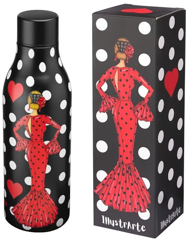 IllustrArte Botella Térmica de 500ml - Acero Inoxidable Doble Pared, Aislamiento al Vacío, Libre de BPA, Resistente a Arañazos y Condensación - Diseño Flamenca María rojo