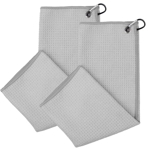 JJPJL Golf Handtuch 2 Stück,Golf Handtucher,Golfhandtuch,Golf Zubehör,mit Karabiner-Clip,Mikrofaser,zum Aufhängen an Golfschlägertasche,Yoga,Fitnessstudio,Camping,40 × 40cm (Grau)