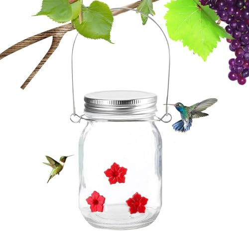 Kolibri-Futterstation für den Garten – Vogelfutterstation, Gartenfutterstation | Vogelfutterhaus im Mason-Topf, Vogelfutterhaus aus Glas, Vogelfutterstation mit Blumenfütterungsanschlüssen für den