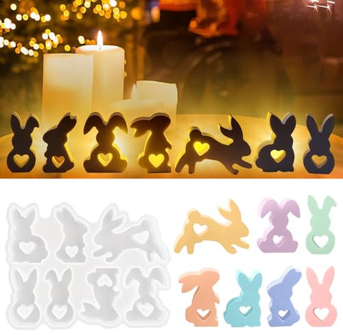 Silikonformen Gießformen Osterhase 7 Stück, Silikonform Hase Ostern, Silikonform Osterhase mit Herz, Gießform Hase Ostern, Silikonform zum Gießen Ostern Hase Osterdeko Handwerk Ostergeschenke