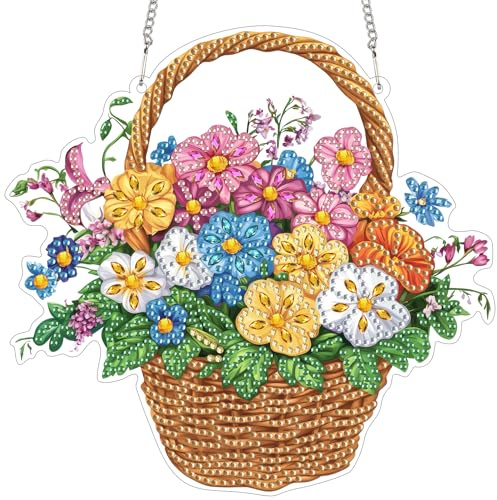 Reofrey Diamond Painting Doppelseitig Anhänger Acrylbrett mit Kette Blume - 20x20cm Diamant Painting Fensterbilder Deko Set DIY Kristall Malerei Anhänger für Wand Fenster & Garten Schmücken