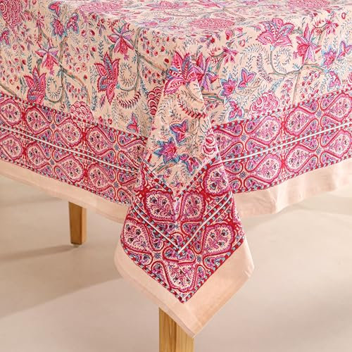 DecorAvenue Handblockbedruckte Tischdecke, exquisites Design, hochwertiger Baumwollstoff, perfekt für Esszimmer und Dekoration, Esstischwäsche (Rose Tangerine Grace, 12-Sitzer, 183 x 344 cm