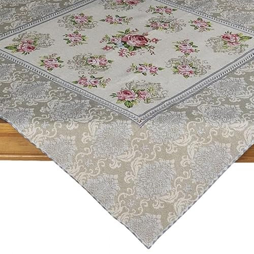 Tischdecke Mitteldecke 90 x 90 cm Gobelin Rosendesign beige grau Nostalgie Baumwollmischung rosa Rosen