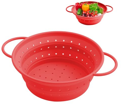 Faltbarer Seiher Sieb, Klappbar Abtropfsieb, Klappbare Küche Filterschale, Küchensieb Abwaschschüssel Faltbarer für Nudeln, Obst, Gemüse, Silikon Sieb, 21,5cm, Rot