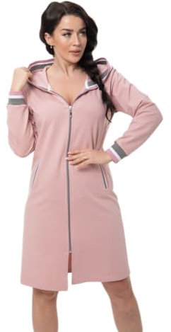 DOROTA kuscheliger und moderner Damen Bademantel, mit Reißverschluss, Taschen & Kapuze, Hellrosa, Gr. L