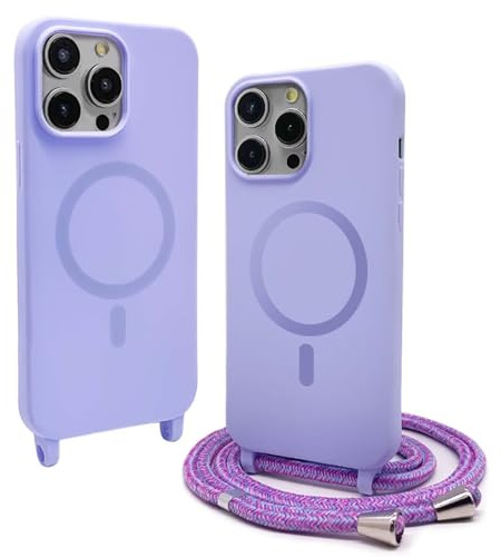 BGHHEU Magnética Funda con Cuerda para iPhone 15 Pro [Compatible con Magsafe],Ajustable Collar Correa de Cuello CordónCarcasa de Silicona,Carcasa Protectora Silicona AntiChoque,Morado