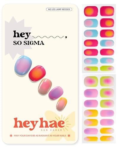 Heyhae Semi Cured Gel Nail Strips - Hey, So Sigma | Pink Ombre | Sun Cured No UV Light Needed, Salon Quality, Easy Apply & Remove | 28 Strips, Prep Pad, Nail File, Wooden Stick
