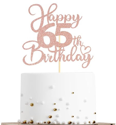 Sotpot 1 Pack 65th Birthday Cake Topper Double-sided Rose Gold Glitter Cake Pick Cake Decoration for Happy 65th Birthday Anniversary Party Decorations
