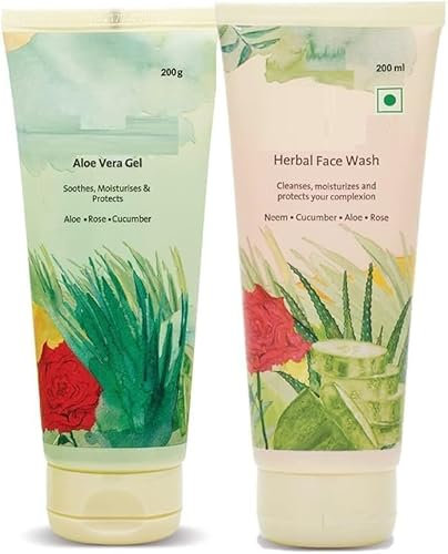 VK Aloe Vera Gel 200 gm and Herbal Face Wash 200 ML | Face Wash with Goodness of Neem, Aleovera, Cucumber, Rose Combo Pack
