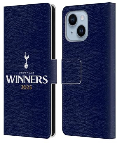 Head Case Designs Offizielle Tottenham Hotspur F.C. Blau 2025 Europäische Sieger Leder-Wallet-Hülle Kompatibel mit Apple iPhone 14 Plus