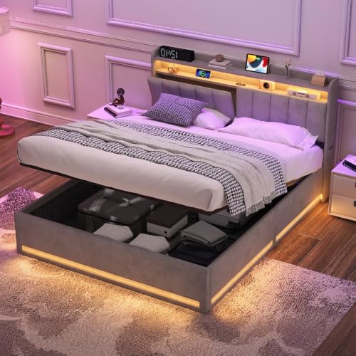 Polsterbett 140x200 mit LED-Bleuchtung,Grau Hydraulisch Stauraumbett,Jugendbett mit USB und Type-C Ladestation,Doppelbett mit Stauraum Kopfteil,Bettgestell mit Lattenrost,Samt (ohne Matratze)