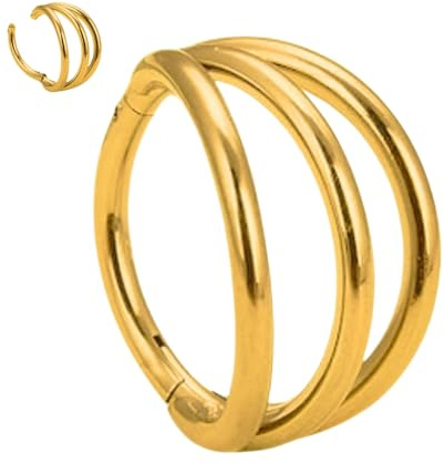Jewel Barrel Piercing de nariz de triple aro para tabique, fosa nasal, cartílago, hélice, acero quirúrgico 18G, 16G, 14G, 6 mm, 8 mm, 10 mm, oro y plata