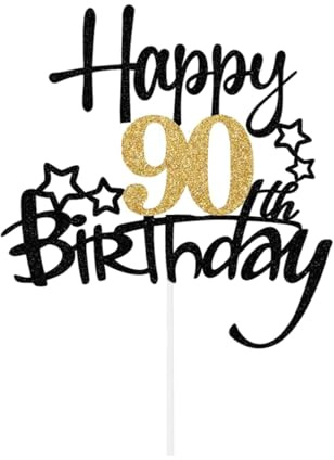 LIANRISES Happy 90th Birthday Cake Topper for Men and Women, Glitter Black and Golden