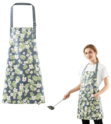 Rieoany Adjustable Flower Chef Apron with Large Capacity Pocket Reusable Waterproof Kitchen Aprons for Women Cooking Apron Kitchen Aprons for Women