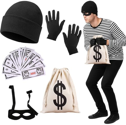 YAEGIMHT Räuber Kostüm Herren Damen, Bankräuber Kostüm Accessoires für Erwachsene, Strickmütze, Maske, Geldsack, Banknoten, Handschuhe, Fasching Dieb Kostüm für Cosplay Halloween Party