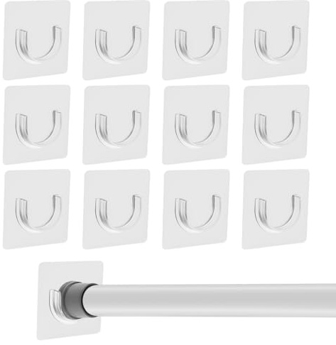 Apojgitn 12 Pcs Shower Rod Holder Set - No Drill Curtain Brackets, Self-Adhesive Tension Organizers, Adjustable Rod Holders, Clear ABS, 12 Pack for Kitchen, Bathroom, Window, Bookshelf, Closet