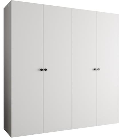 MEBLE KRYSPOL - Kleiderschrank - Garderobenschrank - 200 cm x 202 x 52 cm - Schrank mit Kleiderstange, 4 Türen - für Schlafzimmer, Flur - Parma, Weiß, Griff Schwarz