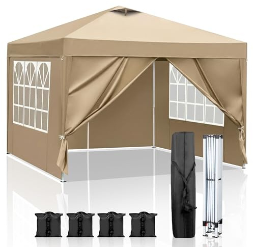 LEADZM Pavillon 3x3 m,Faltpavillon mit Belüftung,Khaki | Wasserdichter,Höhenverstellbar,UV Schutz 50+,Gartenzelt,Partyzelt,Camping,Stahlrahmen,mit 4 Seitenteilen