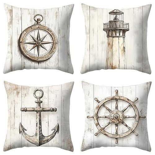 Kissenbezug 40x40 4er Set kuscheliger Kurzflausch maritimes Ankermotiv | Strapazierfähiger atmungsaktiver Kurzflausch, frische maritime Deko, originelles Geschenk