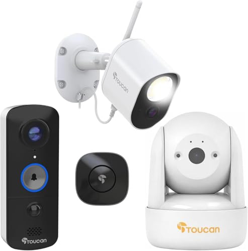 TOUCAN Complete Home Security System – V3 Wireless Video Doorbell with Chime, Wired Security Light Camera & Seek Indoor Pan/Tilt Camera, 1080p CCTV, Motion Detection, 2-Way Audio, Night Vision, No Sub