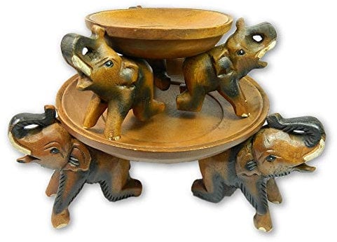 Thai Gifts Wooden Elephant Tray Carving - Hand Carved Table Bowl Plant Stand Set of 2