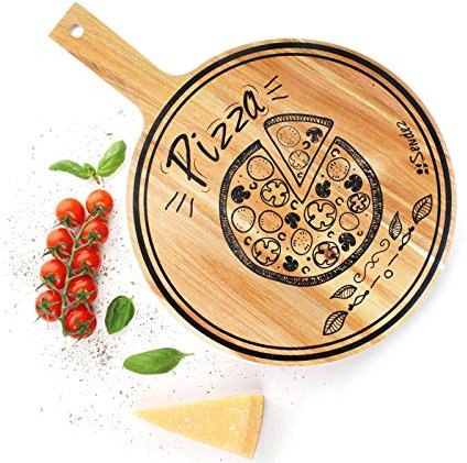 Sendez Planche à pizza avec poignée et impression en bois de manguier 42 x 30 cm Planche à découper Planche à fromage Assiette à pizza