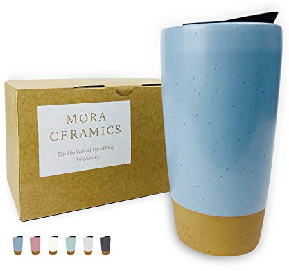 Mora Double Wall Ceramic Coffee Travel Mug with Lid, 14 oz, Portable, Microwave, Dishwasher Safe, Insulated Reusable Tall Cup, Splash Resistant Lid - To Go Tumbler for Car Cup Holder, Dusty Blue