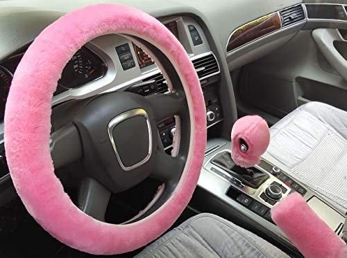IXITON 3 Stück weiche Kunstwolle Plüsch Lenkradabdeckung, Universelle Verdickung Warmes rutschfestes Auto-Interieur, Flauschige Handbremsabdeckung und Schaltabdeckung (Automatic,pink)