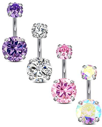 vcmart 4er Bauchnabelpiercing Chirurgenstahl 6/8/10/12mm 14G Piercing Bauchnabel Zirkonia Silber Rosa Lila