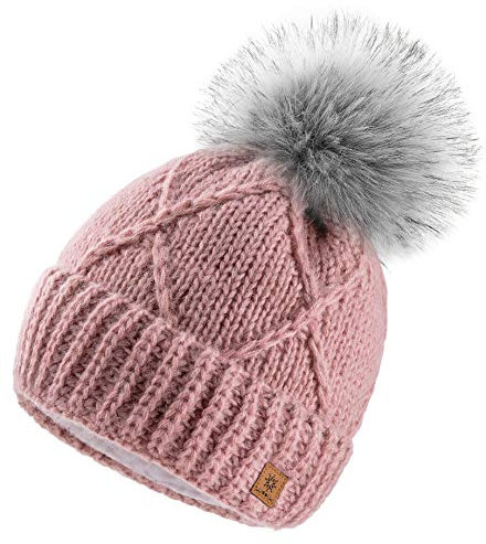 Woolk 4sold Herren Damen Wurm Winter Mohair Style Beanie Strickmütze Mütze mit Fellbommel Bommelmütze Hat Gestrickte Pudelmütze Plain Ski Pom Wooly Full Cosy Fleece-Futter (Birma Rouse Pink)