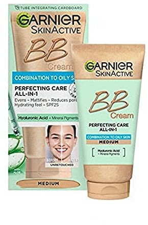 Garnier Oil-Free Perfecting All-in-1 BB Cream, Shade Medium, Tinted Moisturiser SPF25, Mattifies Skin & Evens Complexion, With Hyaluronic Acid, Aloe & Mineral Pigments, 50ml