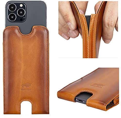 Solo Pelle Lederhülle für das iPhone 12/12 Pro / 13/13 Pro bis 6.1 Zoll Stanford Case Leder Hülle Ledertasche Backcover aus echtem Leder Sleeve (Cognac Braun)