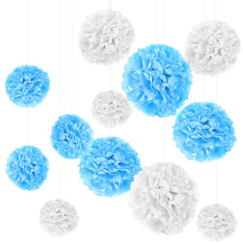 12er Set Seidenpapier Pompoms, inkl. Satinbänder (je 1.20m), inkl. Geschenkverpackung, mit deutscher Videobastelanleitung (Weiß Hellblau)