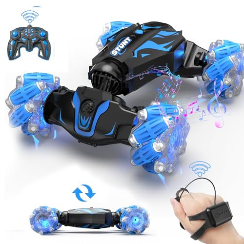BEZGAR Remote Control Cars - Gesture RC Car Age 6+ with Lighting Sound & Smoke Effects, 2.4Ghz Hand Controlled Stunt Car for Kids, Rechargeable Toy Cars Birthday Gifts for Boys & Girls, Blue