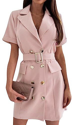 Yming Damen Sommer Formales Schlankes Kurzärmeliges Kleid Zweireihiges Revers Blazer Kleid mit Gürtel Rosa M