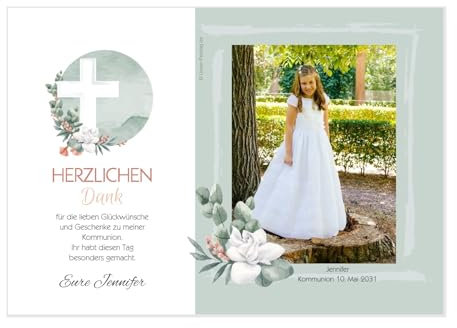 Unser-Festtag Kommunion Dankeschön - eigener Text wird eingedruckt, für Mädchen, mit oder ohne Foto - (10 Karten - 17 x 12 cm)