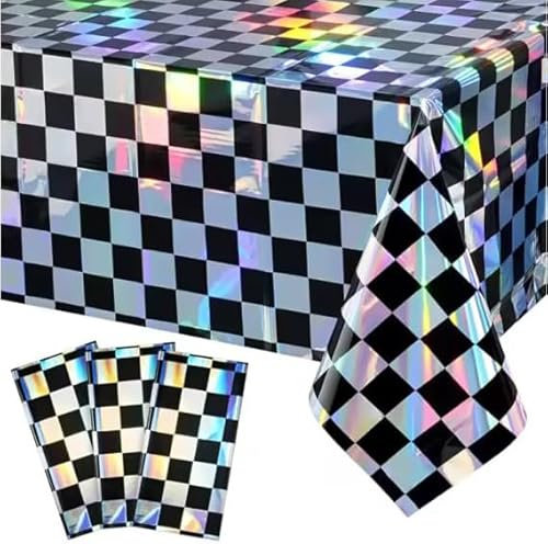 Dremisland 3 Pack Iridescent Tablecloth Party Black Checkered Plastic Tablecloth Holographic Foil Table Covers Rectangle Disposable Party Table Decorations for Birthday Thanksgiving Christmas Party