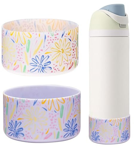 WK IEASON 2Pcs Silicone Water Bottle Boot for Owala 24oz, Protective Flask Bottom Cover Base for Owala FreeSip Twist and Flip Flask Bottles (Floral Print Clear/Fog, 24OZ)
