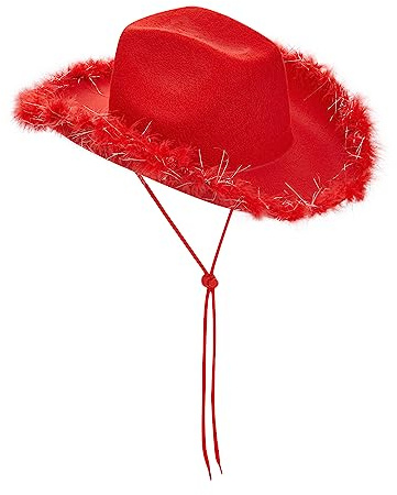 Fiacafyo Damen Cowboyhut aus Filz, flauschiger Federbesatz, breite Krempe, Kostümparty, Cowgirl-Hut, Halloween, Party, Kostüm, Cosplay (A-Rot), Einheitsgröße
