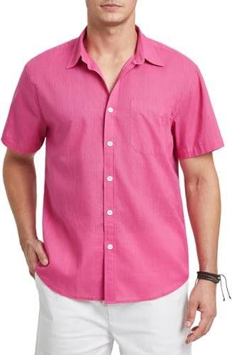 HISDERN Camisa de Lino Hombre Manga Corta Casual Formal Elegante Camisas Rosa con Bolsillo para Playa Regular Fit 3XL