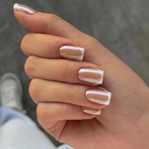 White Chrome French Tip False Nails Short, SXVME Glazed French Press On Nails Short Square, Glitter Shine Fake Nails Glue on Nails Short Cute, Natural Nude Stick on Nails for Women Daily & Party Wear