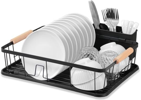 DPWEION Dish Drainer Rack for Kitchen-Metal Dishes Drying Rack with Drip Tray/Cutlery Holder/Wooden Handles-Draining Board Racks(43x31x12cm,Black)
