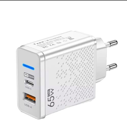 HCC TECH 65W Adaptive GaN USB-C Charger compatible with Apple iPad, iPhone, Samsung Notebooks, with USB-C Port & USB-A Port. Fast Charging Power Adapter. EU Plug, White.