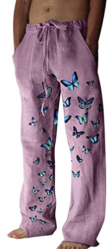 Mode homme décontracté avec poche en lin imprimée pantalon à lacets grand pantalon chino, Rose, XXL