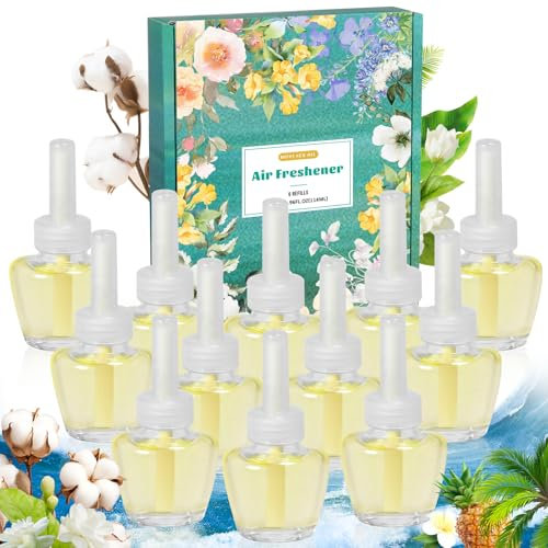 Scent-Hi Desodorisant Maison Recharge, 12x19ML - Hawaïen, Jasmin, Coton, 3 Parfums en Alternance Désodorisant Électrique Recharge Convient pour Air Wick/Glade Diffuseur Electrique