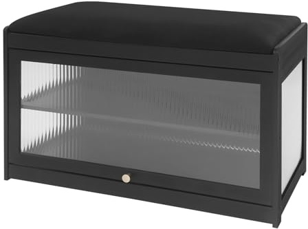 HPDTZ Eingangsbereich Schuhbank, Schuhbank aus Bambus, Sitzbank für Garderobe und Flur, Gepolsterter Hocker mit Stauraum, Schuhregal mit 2 Ebenen als Flurmöbel (Schwarz, 70cm)