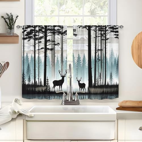 Odot 2 Paneele Bistrogardine, Scheibengardine Küchengardinen mit Stangendurchzug, Vorhänge Wohnzimmer, Natürliche Landschaft Gardinen Kurz für Küchen Esszimmer Badezimmer (Elch,90x45cm)