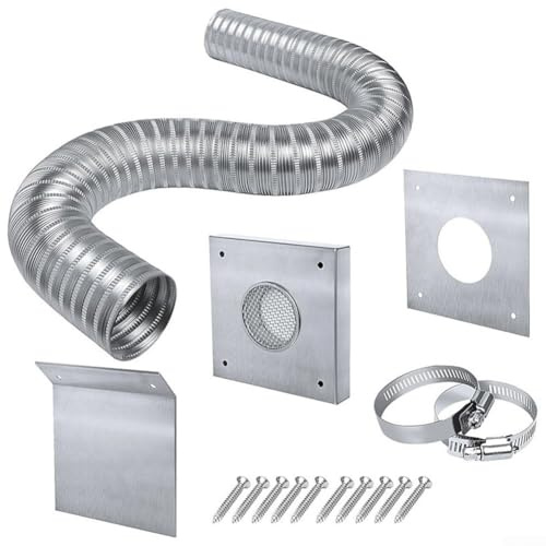 Pelletofen Frischluft-Set mit 5,1 cm flexiblem Aluminiumschlauch, Montageplatte aus 304 Edelstahl, Regenschutz, Rohrschellen und Installation
